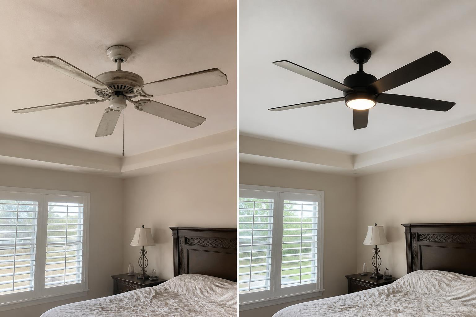 Before and after of a bedroom ceiling fan: dusty stained white fan with bent blades on the left, new dark modern fan with an integrated light on the right