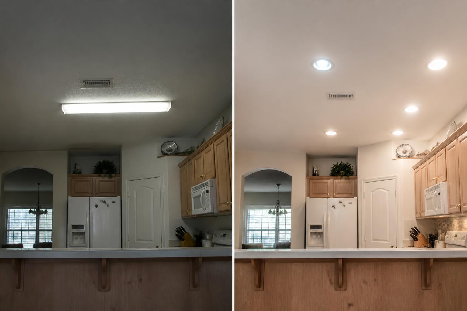 Before and after of a kitchen ceiling: single dim fluorescent strip fixture on the left, four evenly spaced recessed LED downlights on the right