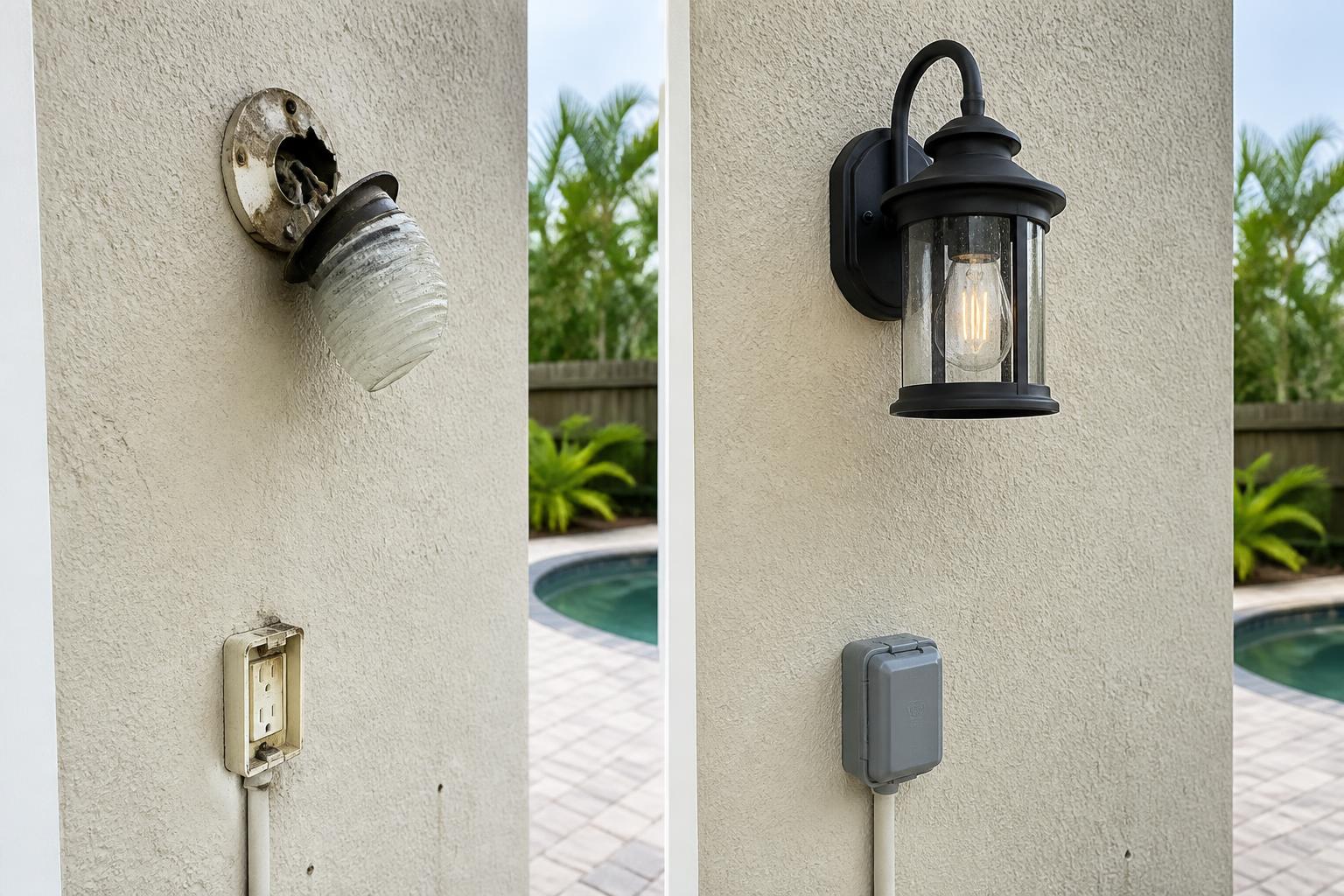 Before and after on a stucco pool-deck wall: broken exterior light with exposed socket and a cracked outlet cover on the left, new black lantern fixture and sealed weatherproof outlet cover on the right