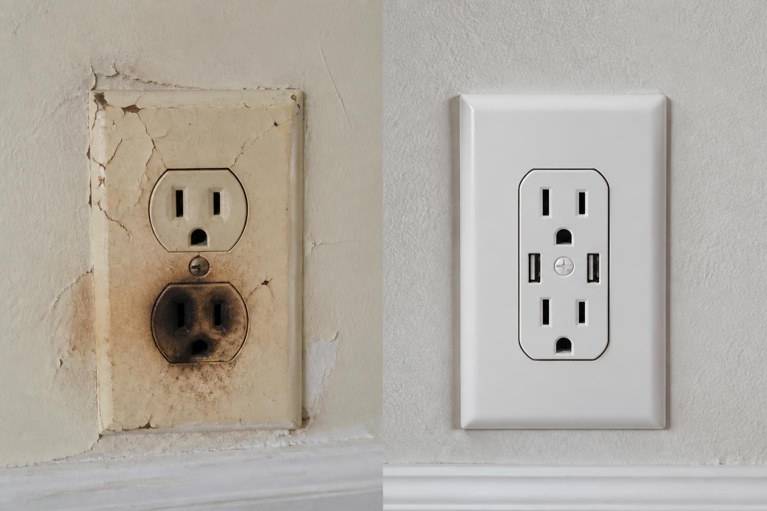Before and after of a wall outlet: cracked yellowed receptacle with burn marks around the lower plug on the left, new white tamper-resistant outlet with USB ports on the right
