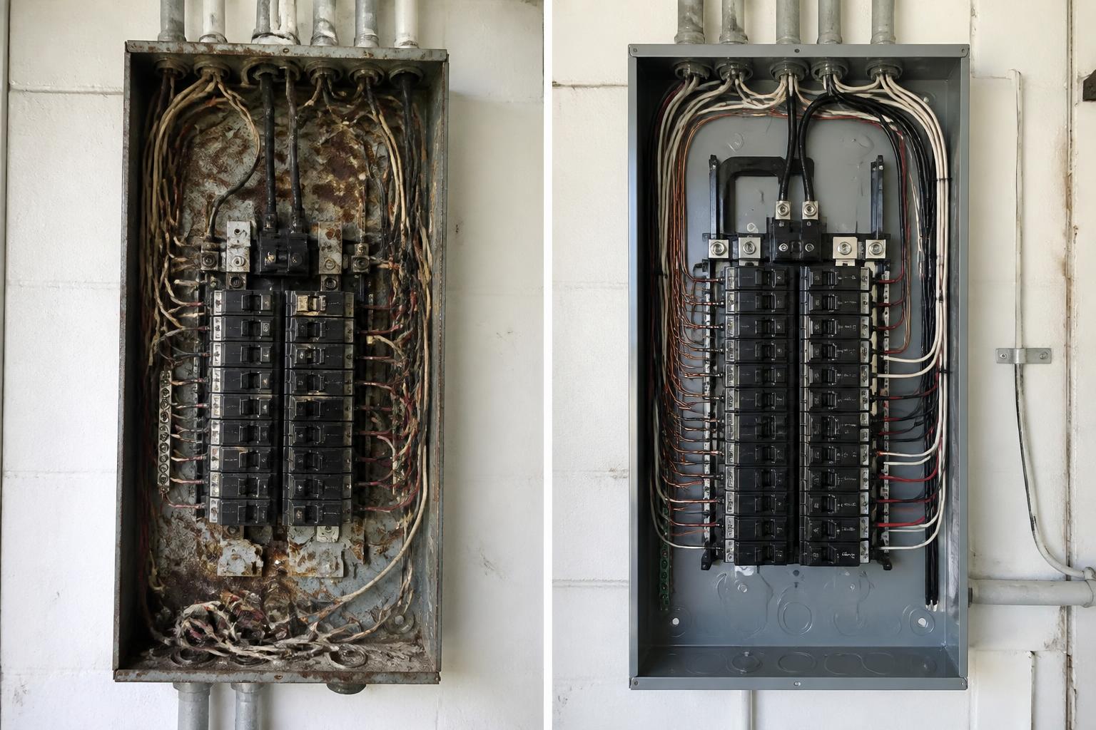 Before and after of a Palm Beach County home electrical panel: rusted corroded panel interior with tangled wiring on the left, new grey panel with neatly routed labeled circuits on the right